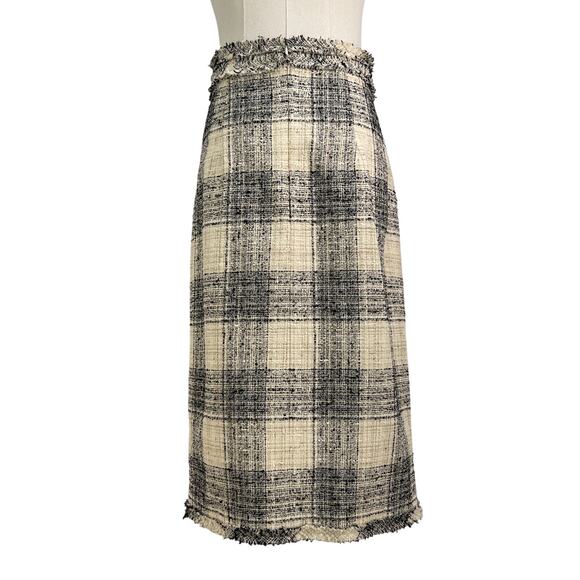 The Fold London Tweed Pencil Skirt Fringe Plaid Ivory Black - Picture 7 of 7